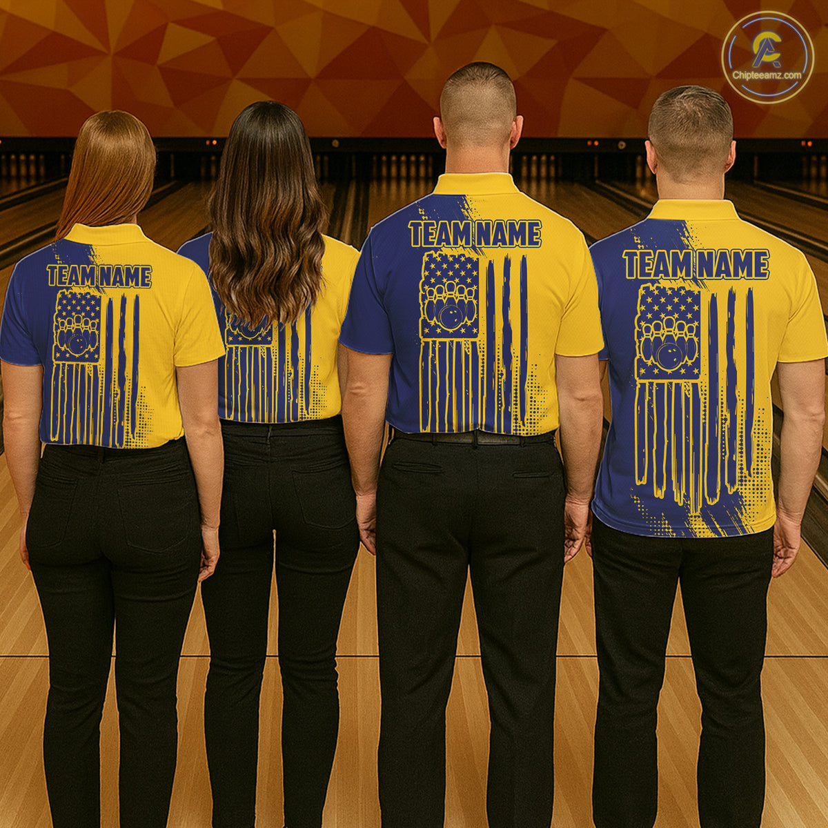 Custom Blue And Yellow Strike Bowling Shirts For Women, American Flag Bowling League Team Jerseys TDM7361