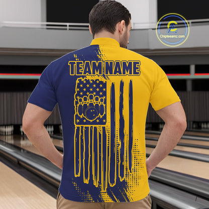 Custom Blue And Yellow Strike Bowling Shirts For Men, American Flag Bowling League Team Jerseys TDM7361