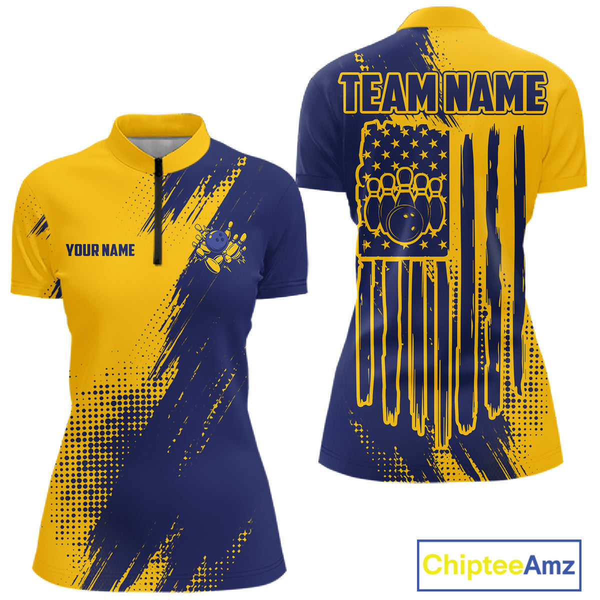 Custom Blue And Yellow Strike Bowling Shirts For Women, American Flag Bowling League Team Jerseys TDM7361