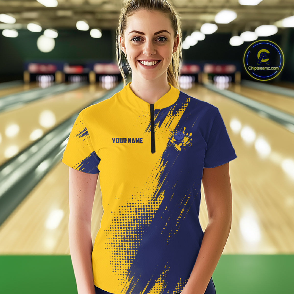 Custom Blue And Yellow Strike Bowling Shirts For Women, American Flag Bowling League Team Jerseys TDM7361