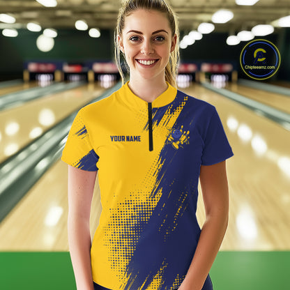 Custom Blue And Yellow Strike Bowling Shirts For Women, American Flag Bowling League Team Jerseys TDM7361