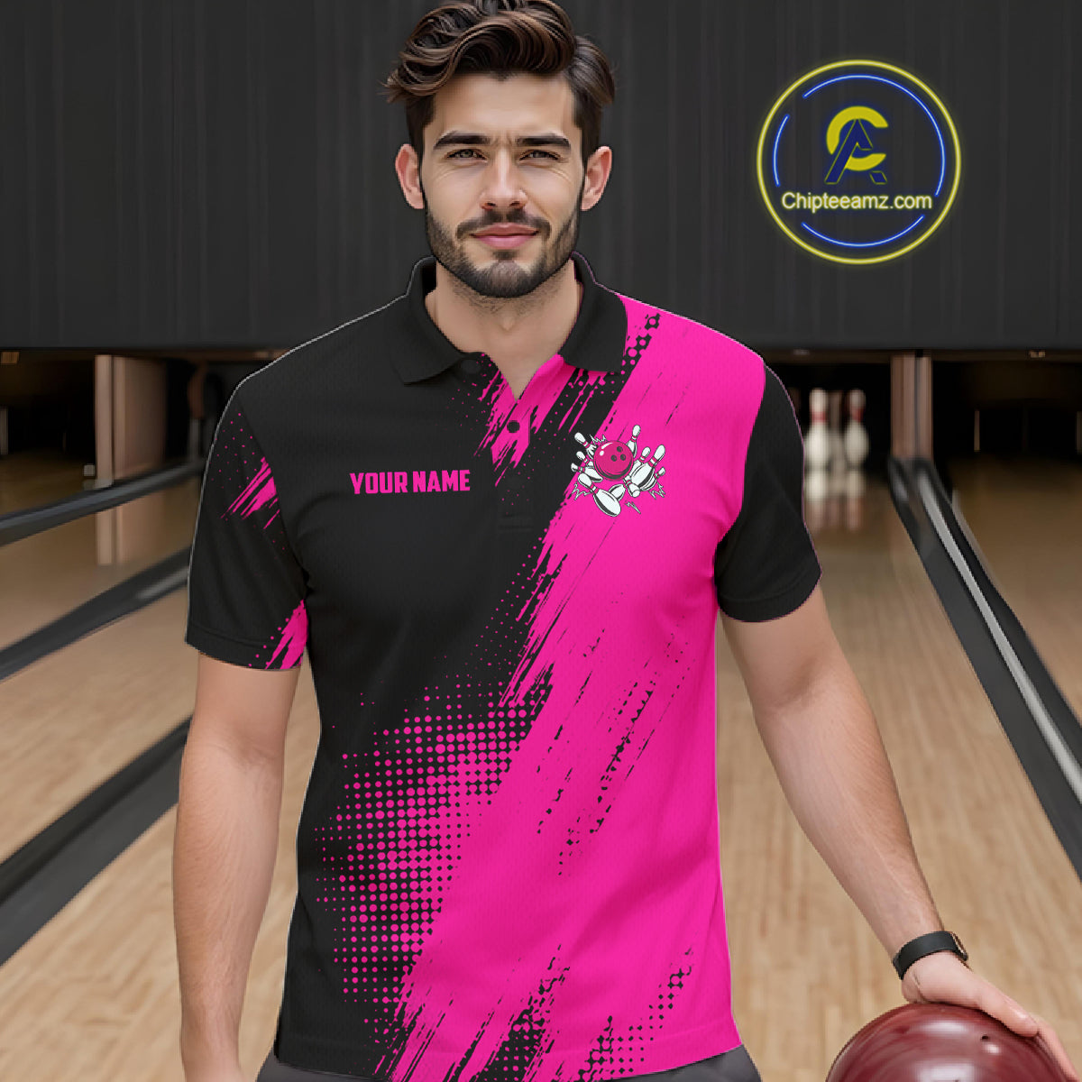 Custom Pink And Black Strike Bowling Shirts For Men, American Flag Bowling League Team Jerseys TDM7362