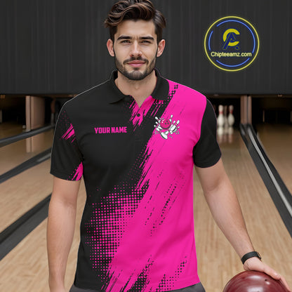 Custom Pink And Black Strike Bowling Shirts For Men, American Flag Bowling League Team Jerseys TDM7362