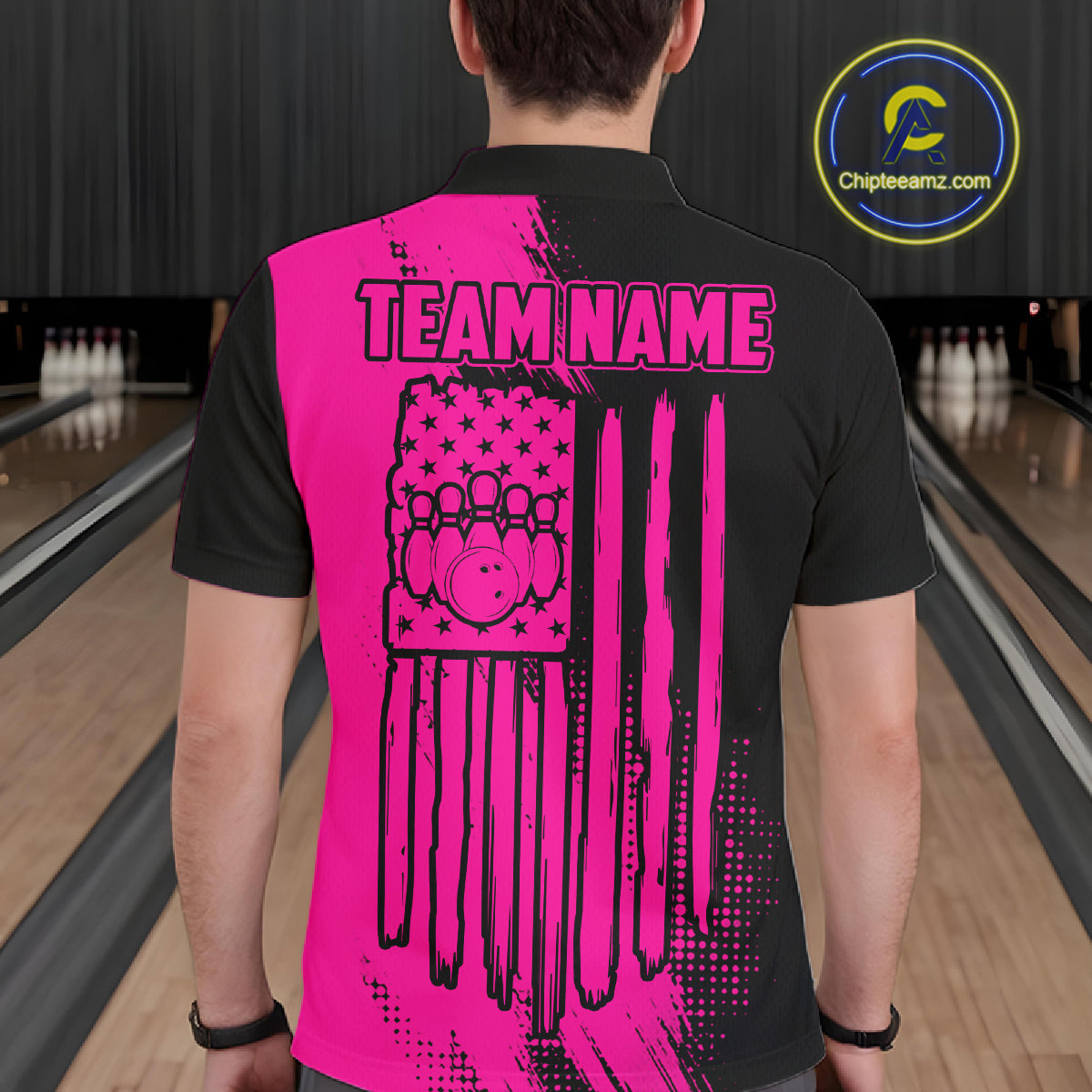 Custom Pink And Black Strike Bowling Shirts For Men, American Flag Bowling League Team Jerseys TDM7362