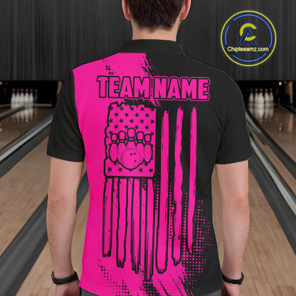 Custom Pink And Black Strike Bowling Shirts For Men, American Flag Bowling League Team Jerseys TDM7362