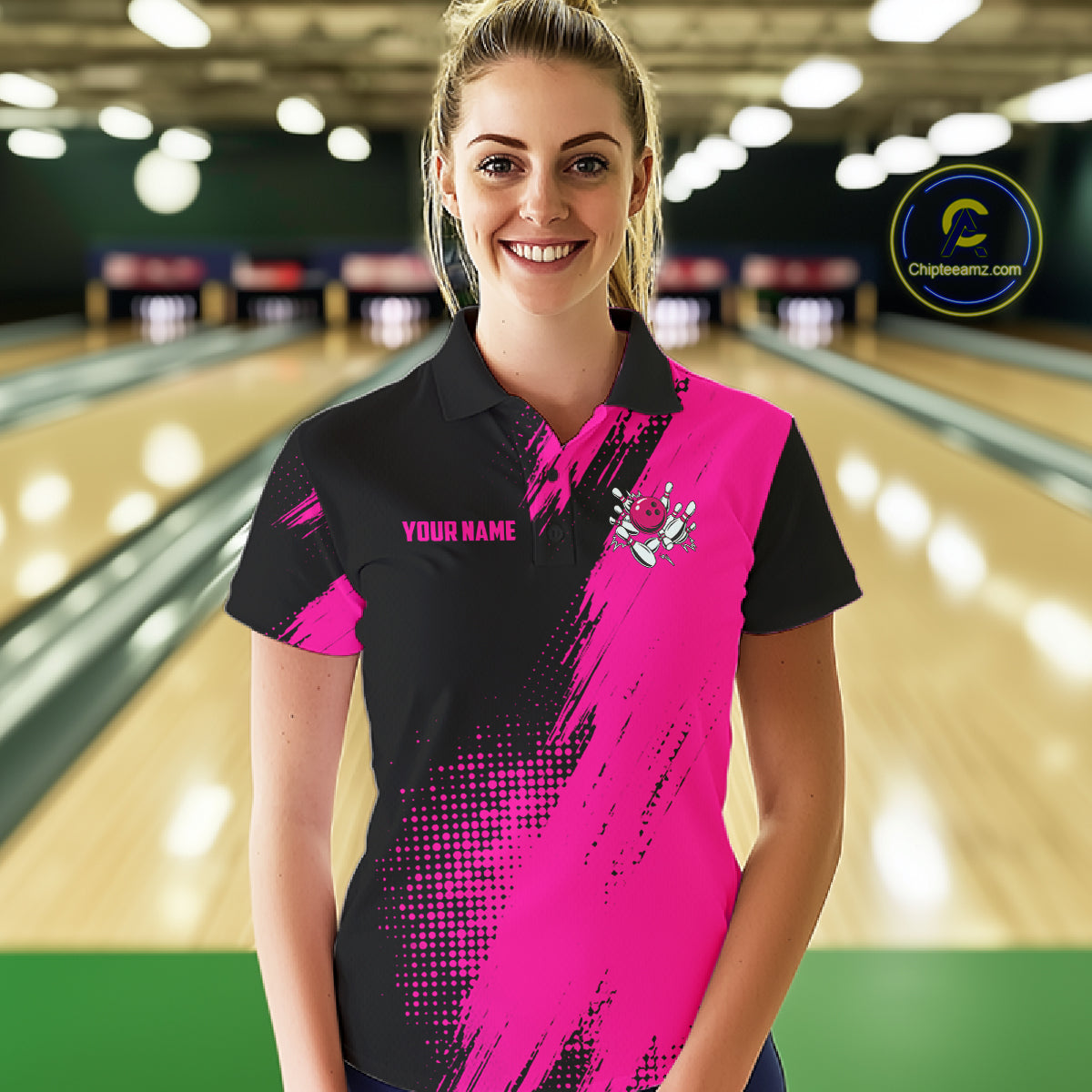 Custom Pink And Black Strike Bowling Shirts For Women, American Flag Bowling League Team Jerseys TDM7362