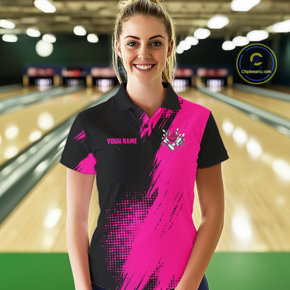 Custom Pink And Black Strike Bowling Shirts For Women, American Flag Bowling League Team Jerseys TDM7362
