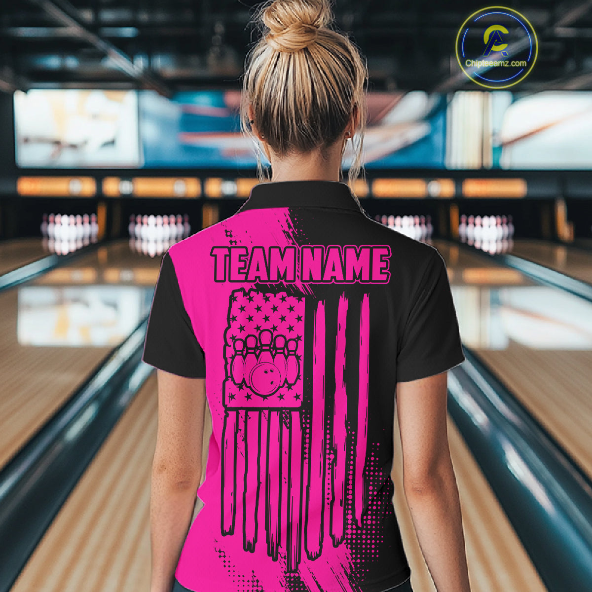 Custom Pink And Black Strike Bowling Shirts For Women, American Flag Bowling League Team Jerseys TDM7362