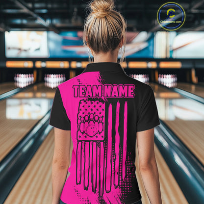 Custom Pink And Black Strike Bowling Shirts For Women, American Flag Bowling League Team Jerseys TDM7362
