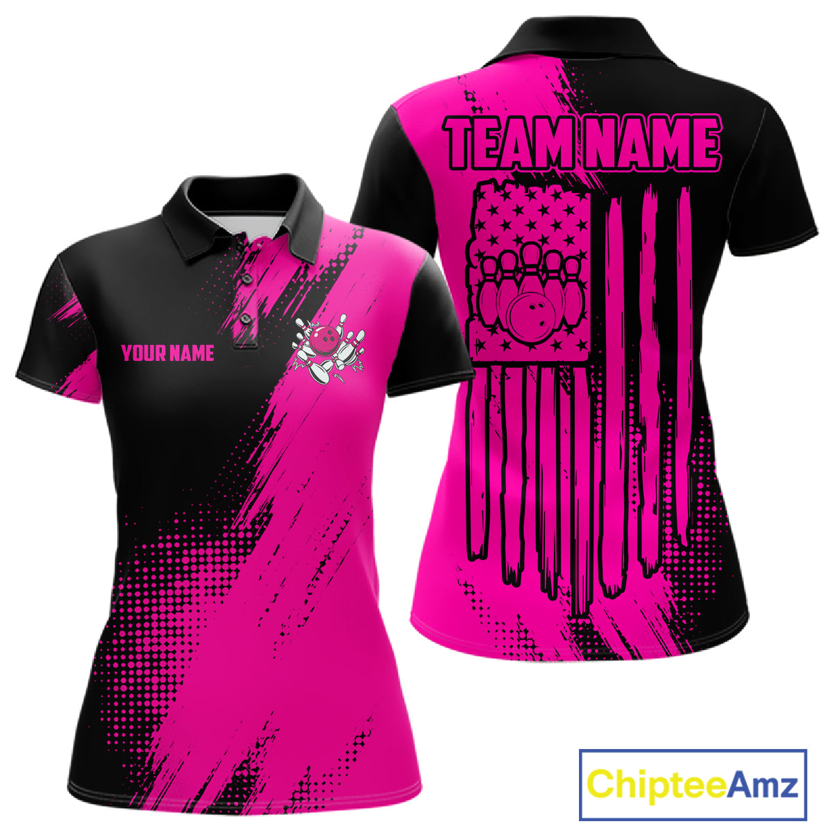 Custom Pink And Black Strike Bowling Shirts For Women, American Flag Bowling League Team Jerseys TDM7362