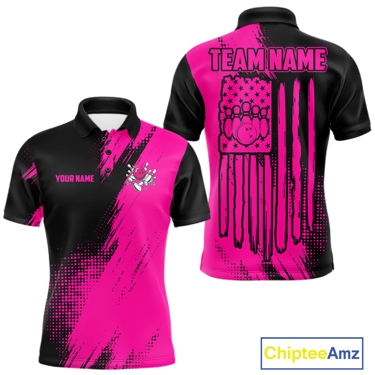 Custom Pink And Black Strike Bowling Shirts For Men, American Flag Bowling League Team Jerseys TDM7362