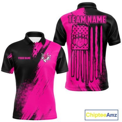 Custom Pink And Black Strike Bowling Shirts For Men, American Flag Bowling League Team Jerseys TDM7362