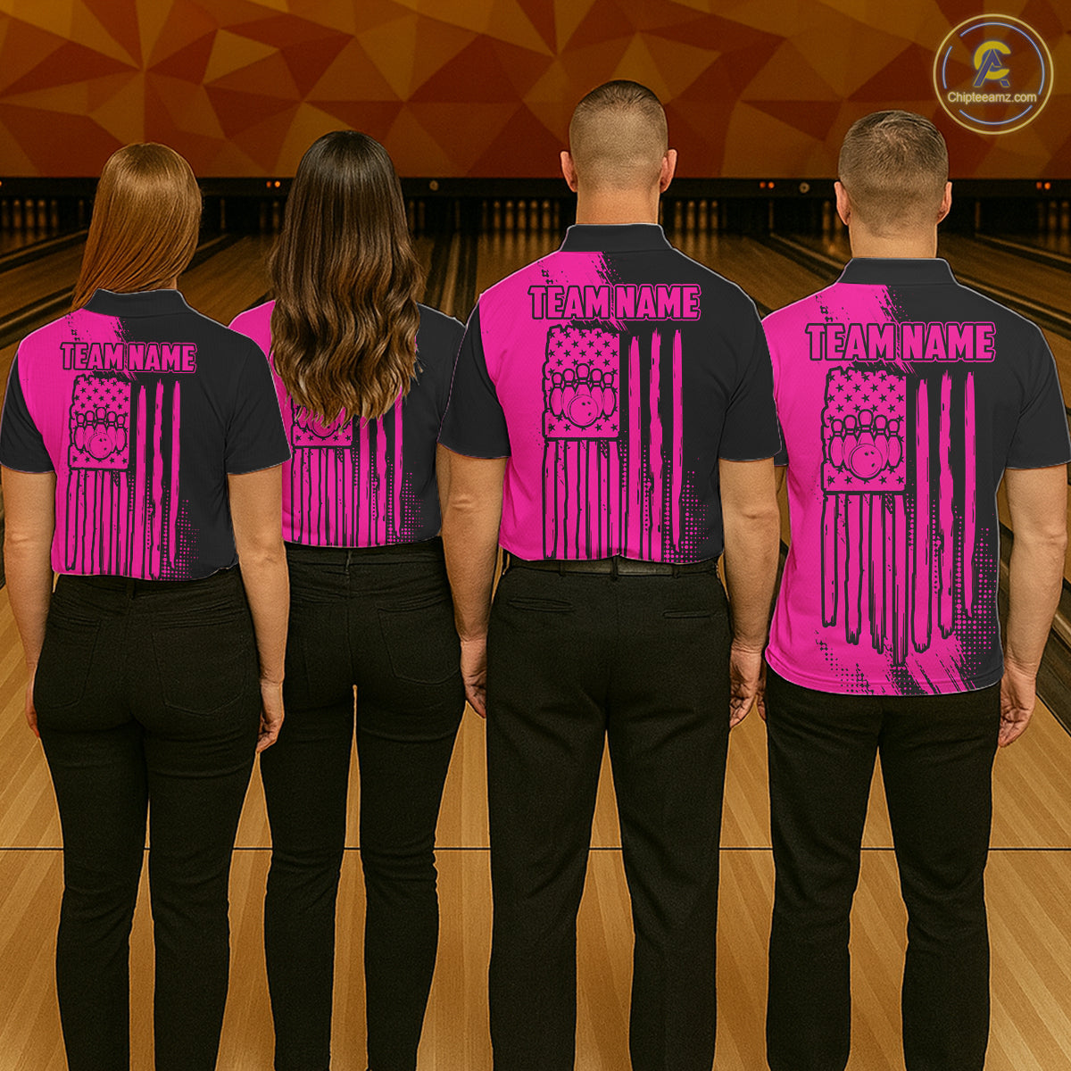 Custom Pink And Black Strike Bowling Shirts For Men, American Flag Bowling League Team Jerseys TDM7362