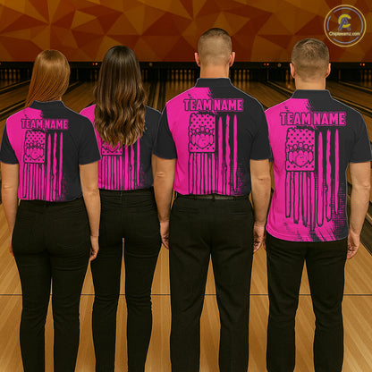 Custom Pink And Black Strike Bowling Shirts For Men, American Flag Bowling League Team Jerseys TDM7362