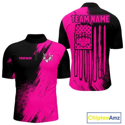 Custom Pink And Black Strike Bowling Shirts For Men, American Flag Bowling League Team Jerseys TDM7362