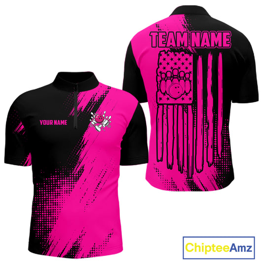 Custom Pink And Black Strike Bowling Shirts For Men, American Flag Bowling League Team Jerseys TDM7362