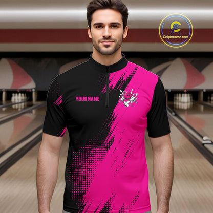 Custom Pink And Black Strike Bowling Shirts For Men, American Flag Bowling League Team Jerseys TDM7362
