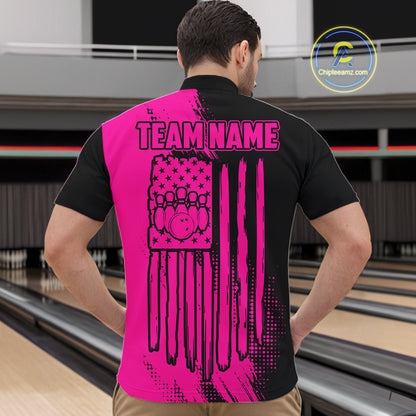 Custom Pink And Black Strike Bowling Shirts For Men, American Flag Bowling League Team Jerseys TDM7362