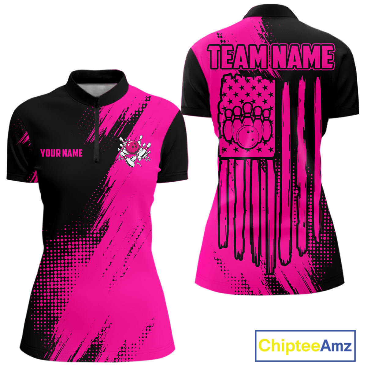Custom Pink And Black Strike Bowling Shirts For Women, American Flag Bowling League Team Jerseys TDM7362