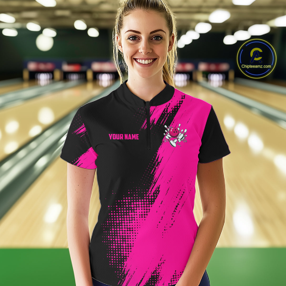 Custom Pink And Black Strike Bowling Shirts For Women, American Flag Bowling League Team Jerseys TDM7362