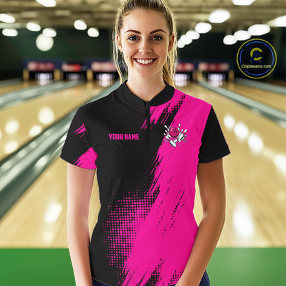 Custom Pink And Black Strike Bowling Shirts For Women, American Flag Bowling League Team Jerseys TDM7362