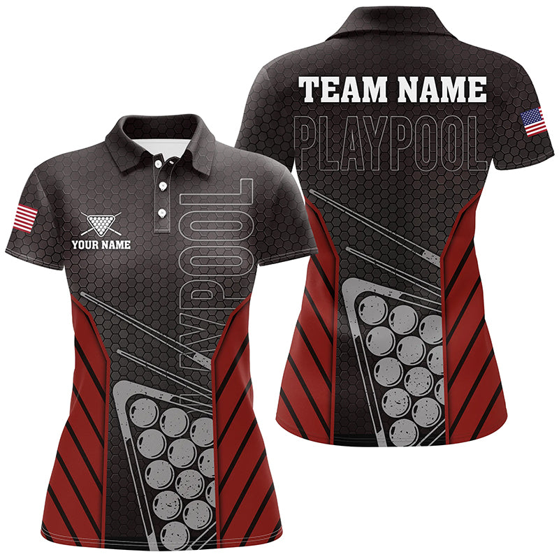 Black Red Billiard Play Pool Custom Name Polo Shirts For Women, Personalized Pool Player Gifts TDM0216