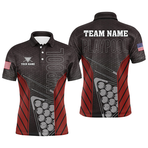 Black Red Billiard Play Pool Custom Name Polo Shirts For Men, Personalized Pool Player Gifts TDM0216