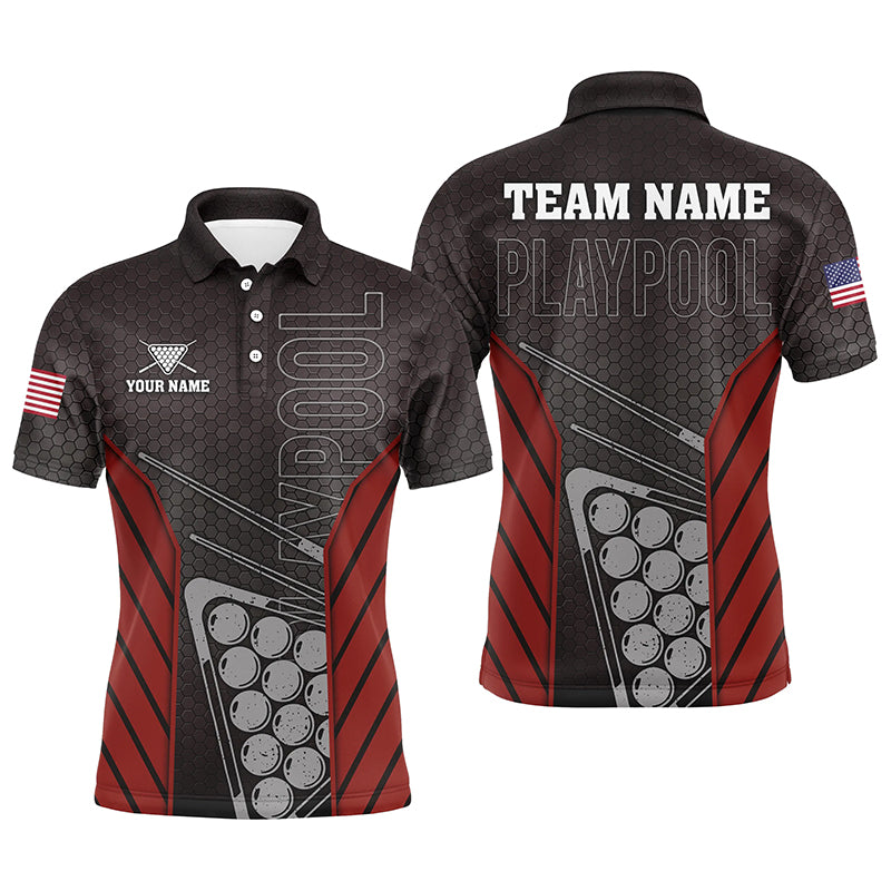 Black Red Billiard Play Pool Custom Name Polo Shirts For Men, Personalized Pool Player Gifts TDM0216