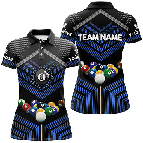 Personalized Name Blue Billiard Balls 3D Polo Shirts For Women, Custom Gift For Billiards Player TDM0223