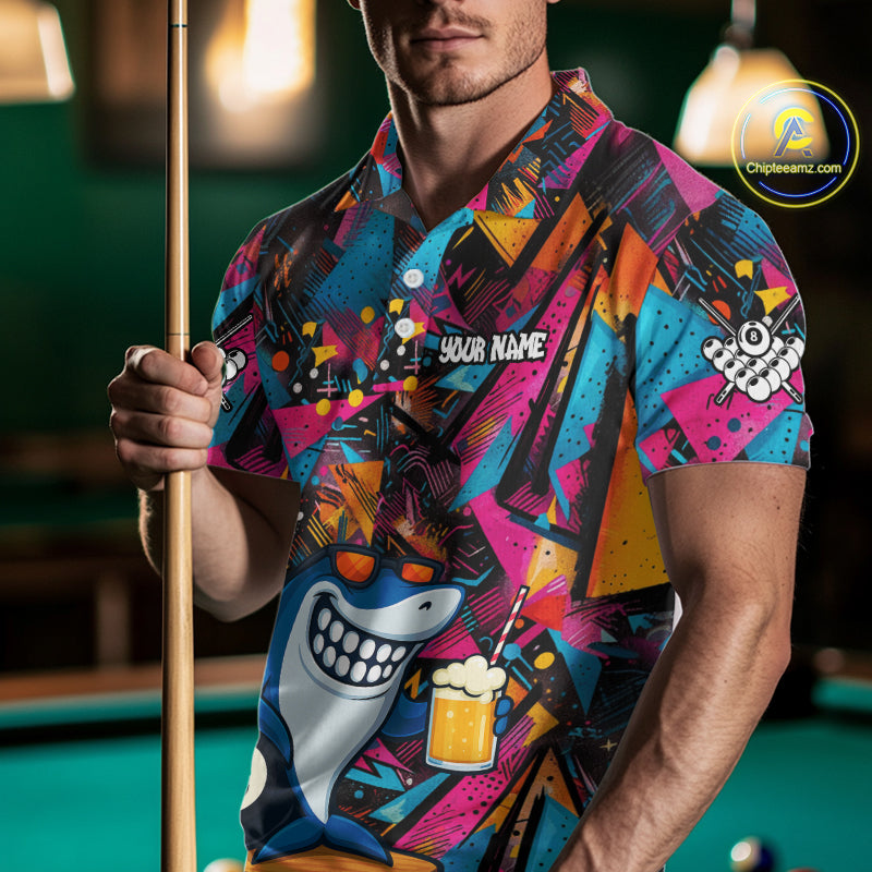 Funny Shark Colorful Graffiti Style Custom 8 Ball Billiard Shirt For Men Best Billiard Team Jersey TDM4890