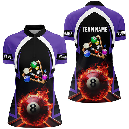 8 Ball Pool Fire 3D Personalized Purple Billiard Jerseys Quarter-Zip Shirts For Women TDM0431