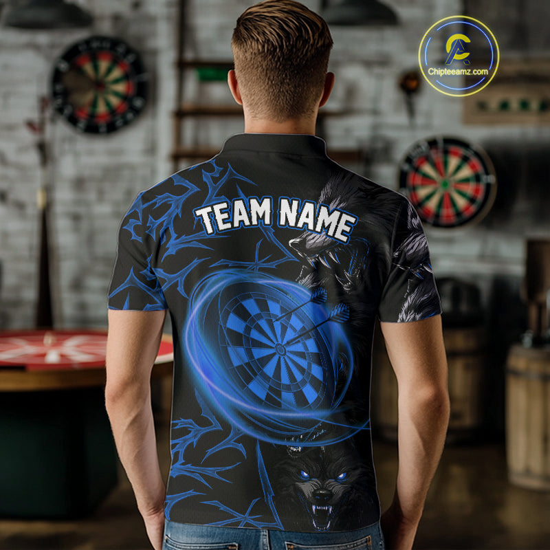 Personalized Wolf Dart Shirts For Men Custom Lights Dartboard Darts Team Jerseys |Blue TDM5095
