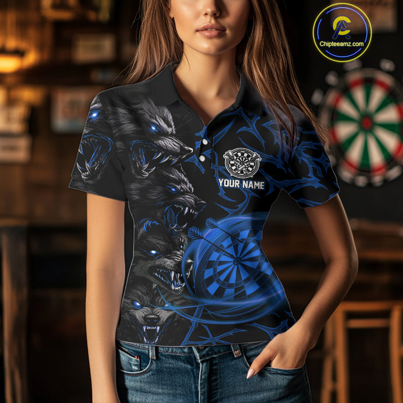 Personalized Wolf Dart Shirts For Women Custom Lights Dartboard Darts Team Jerseys |Blue TDM5095