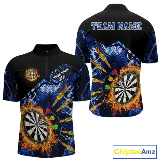 Personalized Blue Dartboard Fire Marble Darts Shirt For Men Custom Dart Team Jersey Polo & 1/4 Zip TDM5096