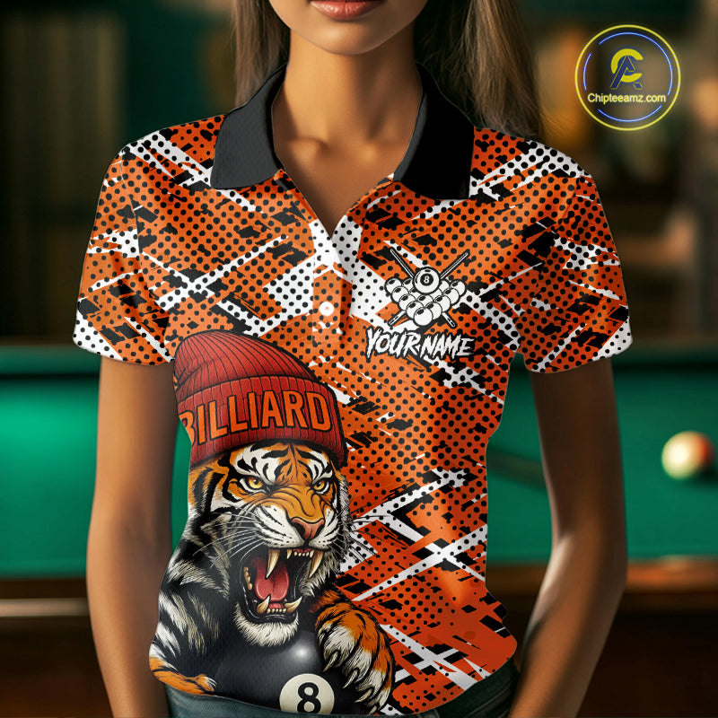 Personalized Orange Black Grunge Tiger Billiard Shirt For Women Custom 8 Ball Pool Team Jersey TDM5100
