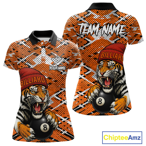 Personalized Orange Black Grunge Tiger Billiard Shirt For Women Custom 8 Ball Pool Team Jersey TDM5100
