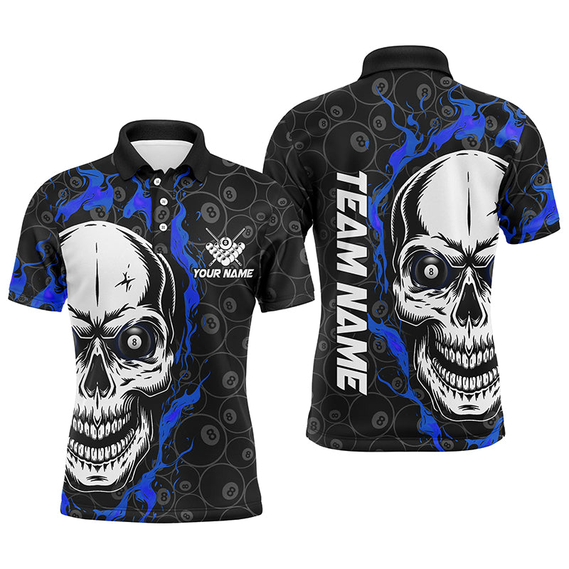 Personalized Blue Flame Skull Billiard Polo Shirts For Men Custom Team Name Billiard Jerseys TDM0629