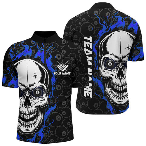Personalized Blue Flame Skull Billiard Men Quarter-Zip Shirts Custom Name Billiard Jerseys TDM0629
