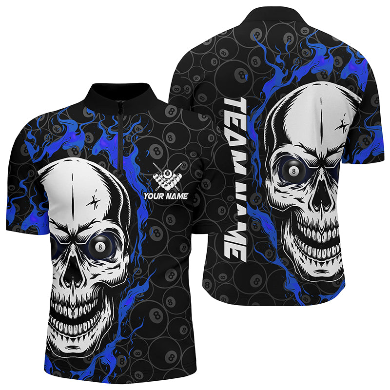 Personalized Blue Flame Skull Billiard Men Quarter-Zip Shirts Custom Name Billiard Jerseys TDM0629