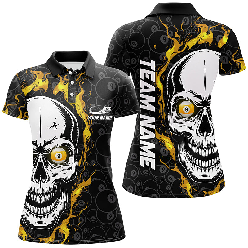 Personalized 9 Ball Pool Yellow Flame Skull Billiard Women Polo Shirts Custom Name Billiard Jerseys TDM0633