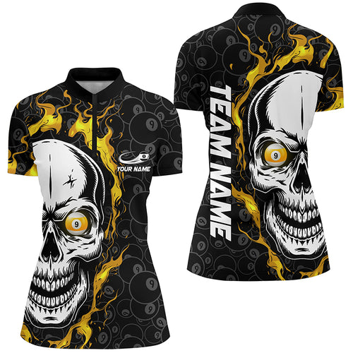 Customized 9 Ball Pool Yellow Flame Skull Billiard Women Quarter-Zip Shirts Billiard Jerseys TDM0633