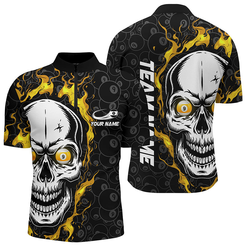 Customized 9 Ball Pool Yellow Flame Skull Billiard Men Quarter-Zip Shirts Billiard Jerseys TDM0633