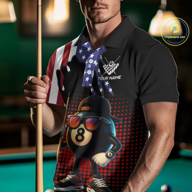 American Flag Funny 8 Ball Pool Billiard Shirt For Men Custom Patriotic Billiard Team Jersey TDM5576