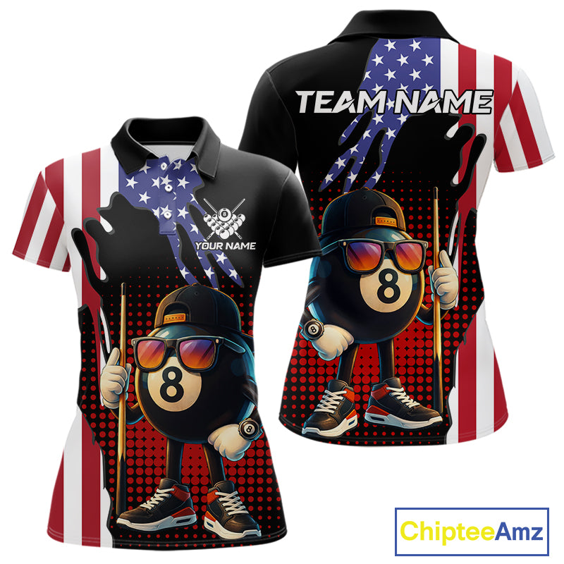 American Flag Funny 8 Ball Pool Billiard Shirt For Women Custom Patriotic Billiard Team Jersey TDM5576