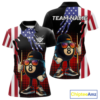 American Flag Funny 8 Ball Pool Billiard Shirt For Women Custom Patriotic Billiard Team Jersey TDM5576
