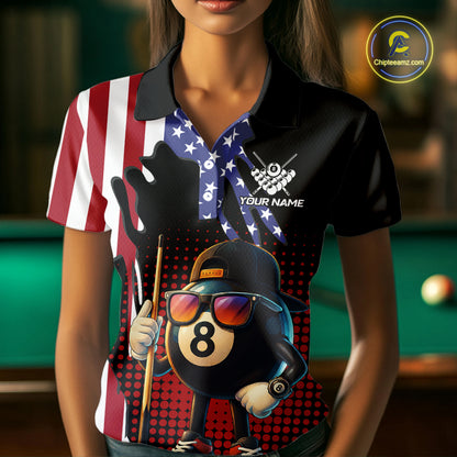 American Flag Funny 8 Ball Pool Billiard Shirt For Women Custom Patriotic Billiard Team Jersey TDM5576
