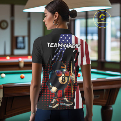 American Flag Funny 8 Ball Pool Billiard Shirt For Women Custom Patriotic Billiard Team Jersey TDM5576