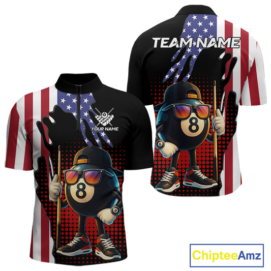 American Flag Funny 8 Ball Pool Billiard Shirt For Men Custom Patriotic Billiard Team Jersey TDM5576