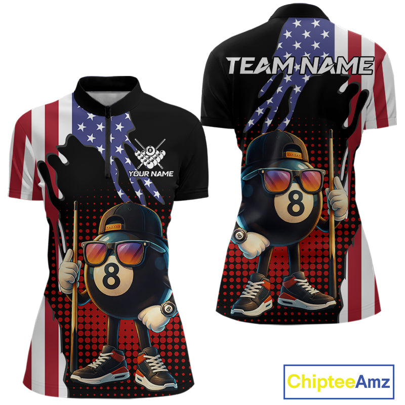 American Flag Funny 8 Ball Pool Billiard Shirt For Women Custom Patriotic Billiard Team Jersey TDM5576