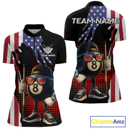 American Flag Funny 8 Ball Pool Billiard Shirt For Women Custom Patriotic Billiard Team Jersey TDM5576